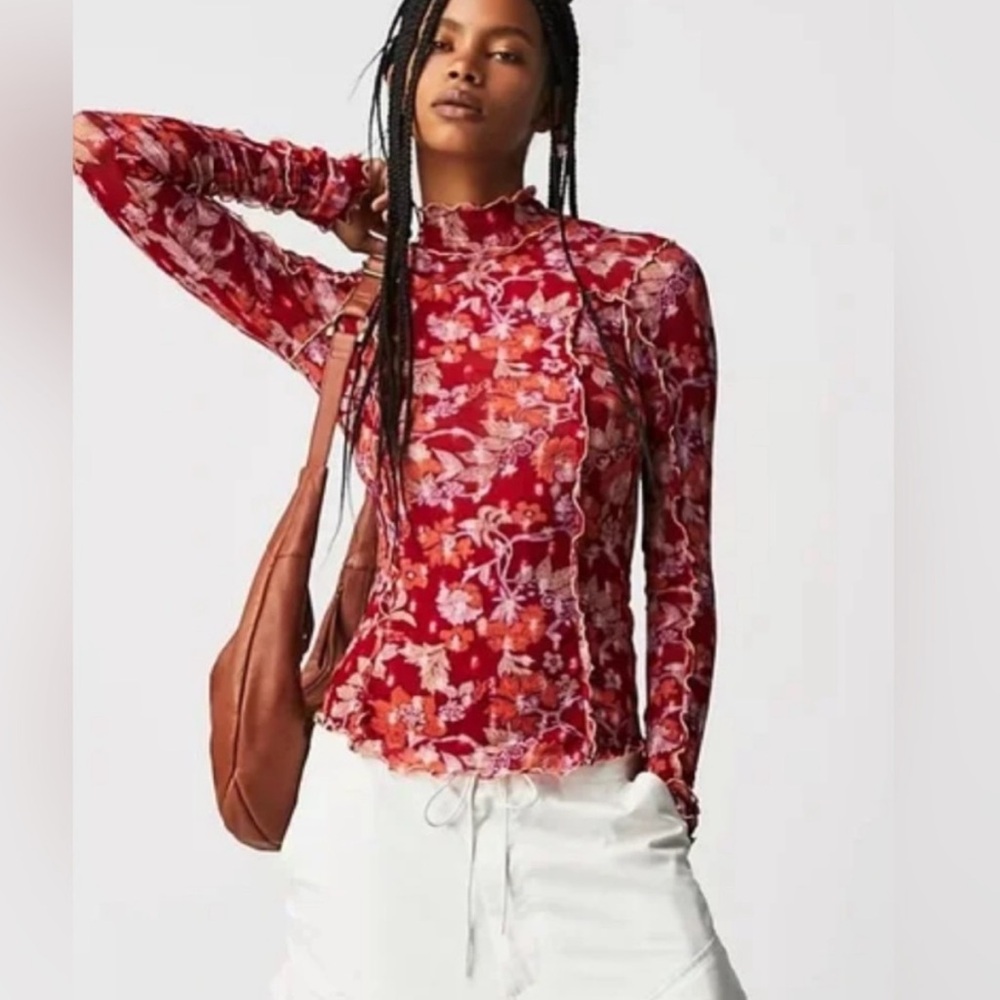 Free People Charlie Mesh Top Red Combo